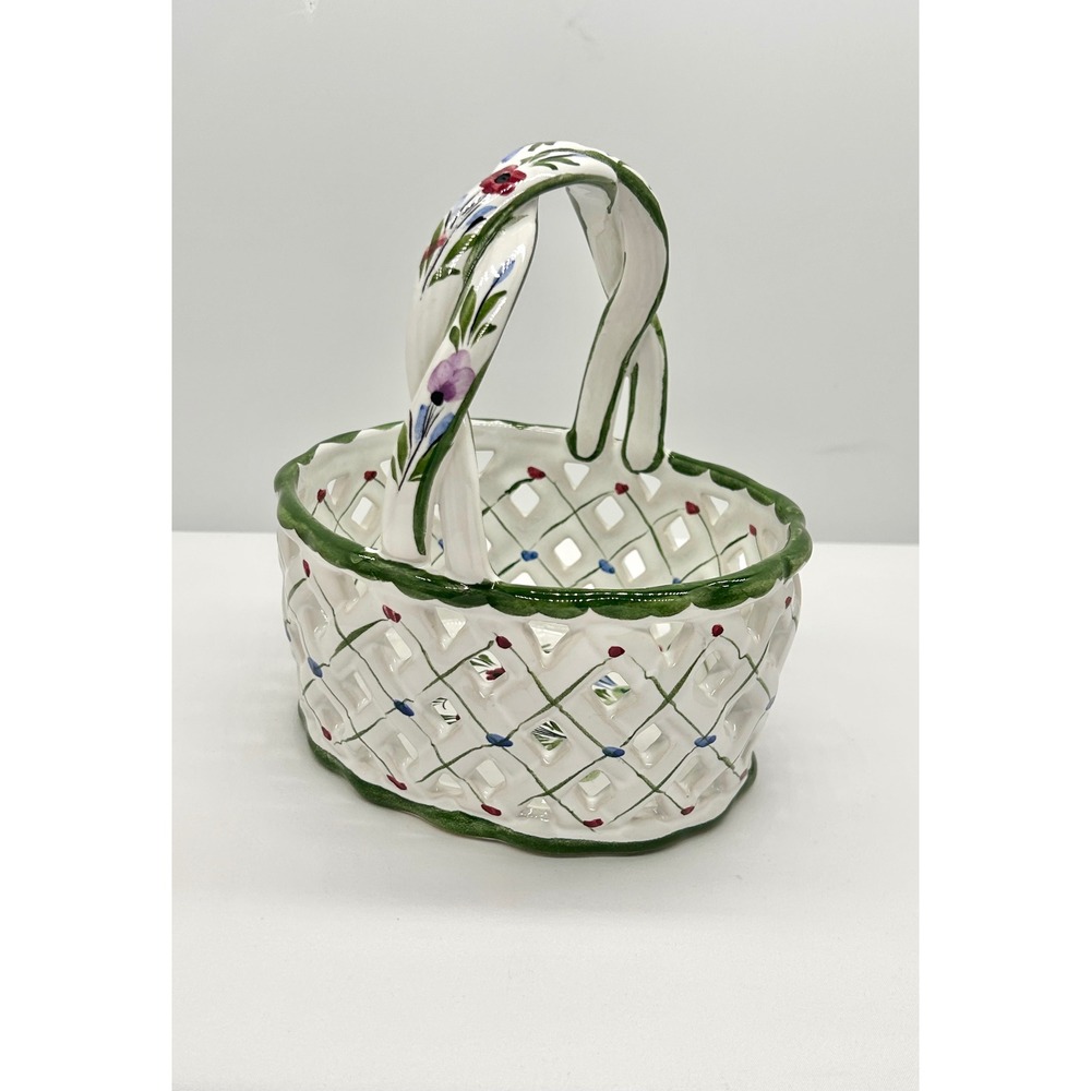 RCCL Hand Painted Portugal Ceramic Lattice Basket Floral Twisted Handle Floral